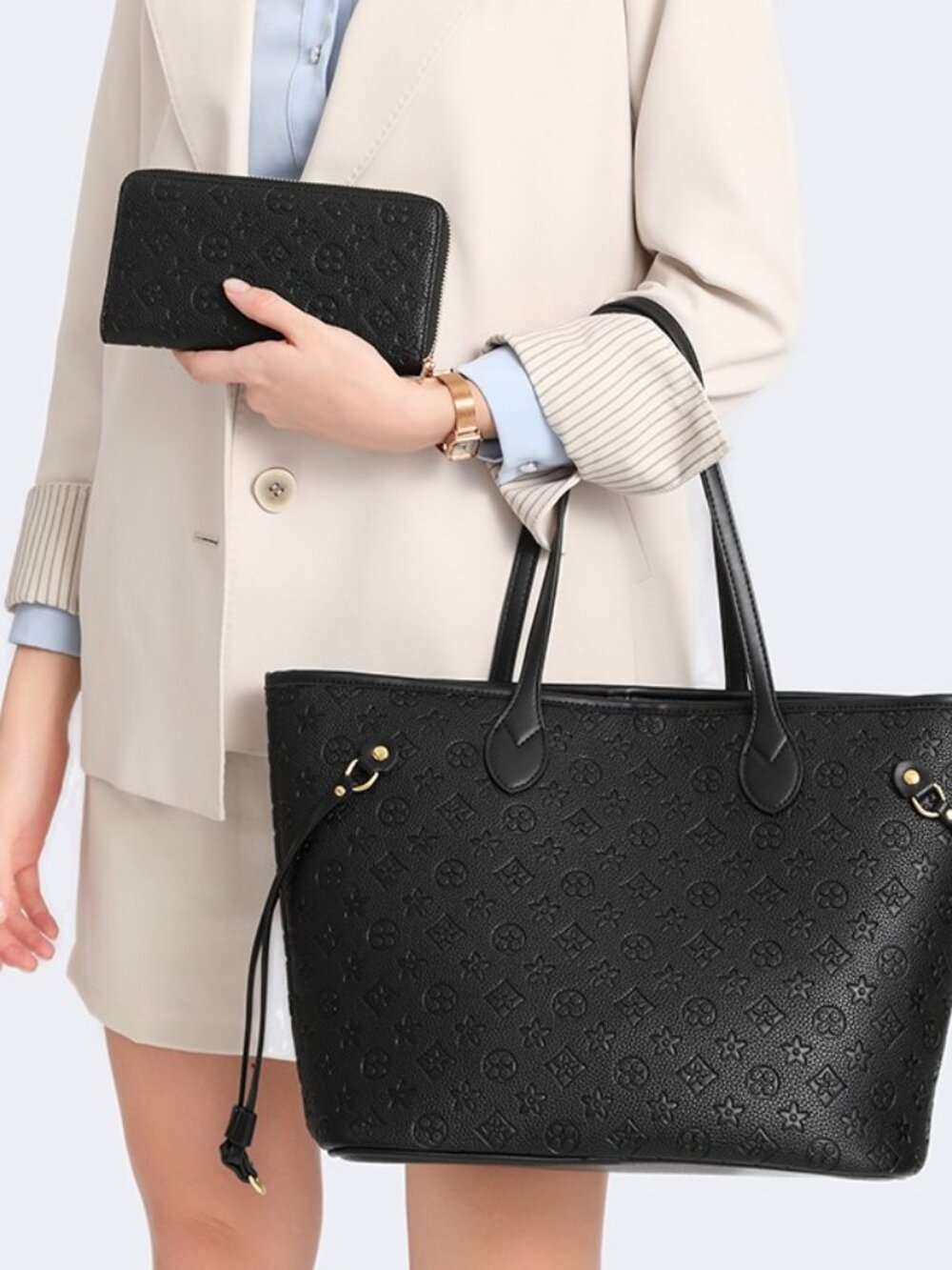 Designer Inspired Style | Lightweight Everyday ToteBag+Wallet 8096BKS - Picture 2 of 8